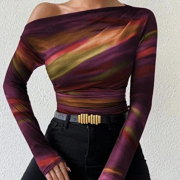 Casual Women's Marble Ombre Print Asymmetric Neck Fitted top - Picture 4 of 6